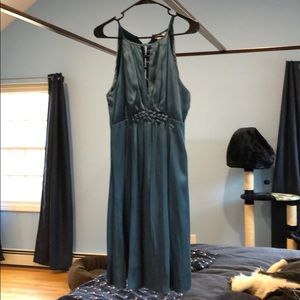 Esley razor back deep v dress, Teal, button detail